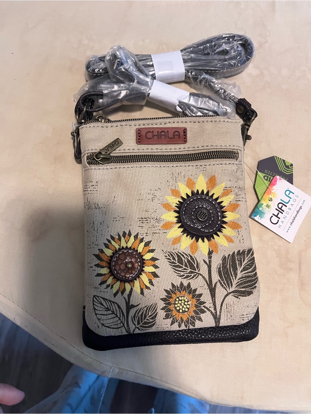 Chala Beige Sunflower Crossbody Bag with Yellow Accents